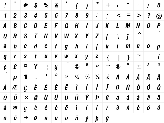 HalvettCondensed Bold Italic  glyph index