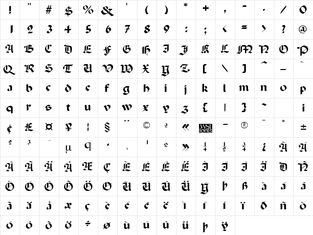 Penchant Regular  glyph index