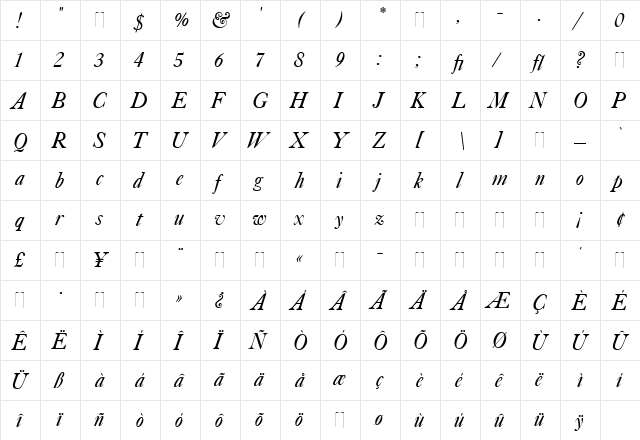 Caslon Italic Regular  glyph index