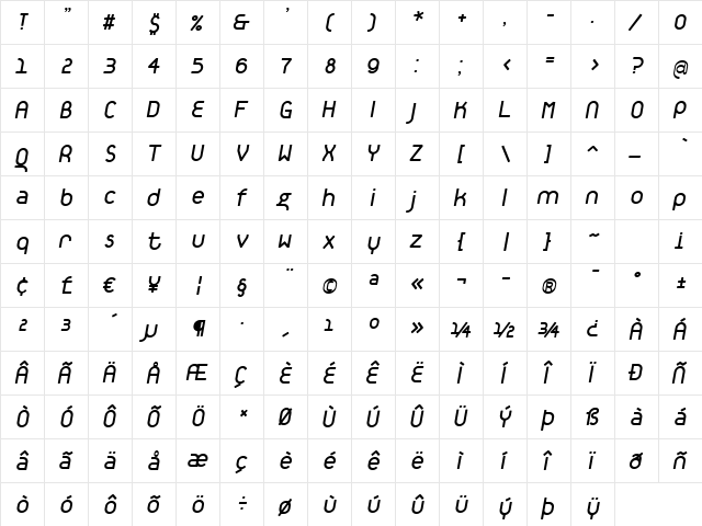 TantalusAlternativeItalic Regular  glyph index