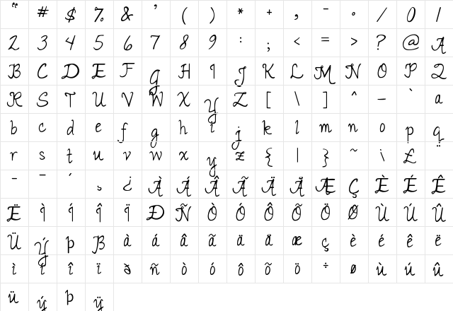 Janda Romantic Regular  glyph index