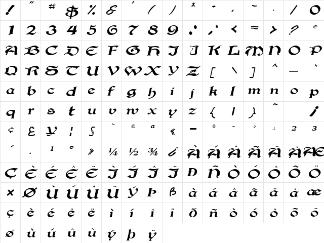 BucaneerSSK Italic  glyph index