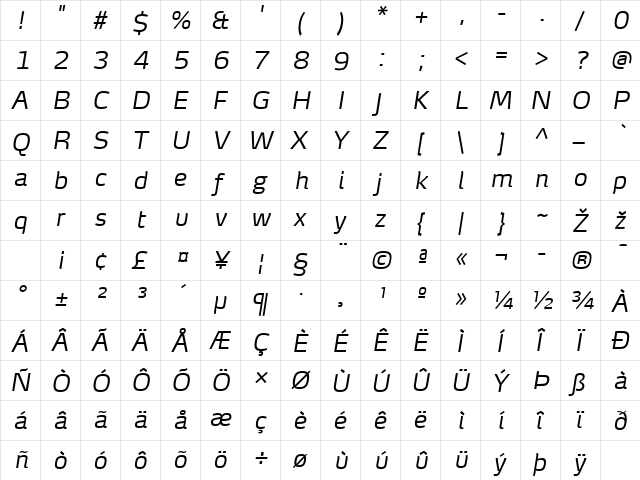 MaxDemiSerifTF-LightItalic Regular  glyph index
