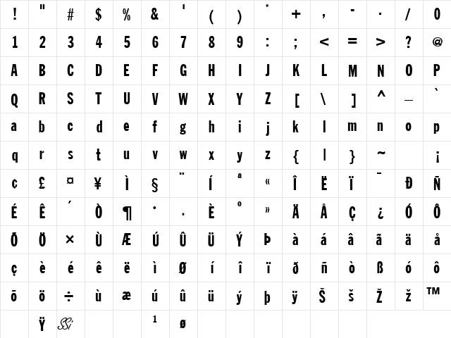 FranklinGothicExtraCondSSK Regular  glyph index