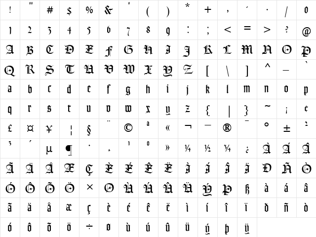 Goudy Text MT Roman  glyph index