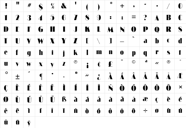 Broadway CG Regular  glyph index