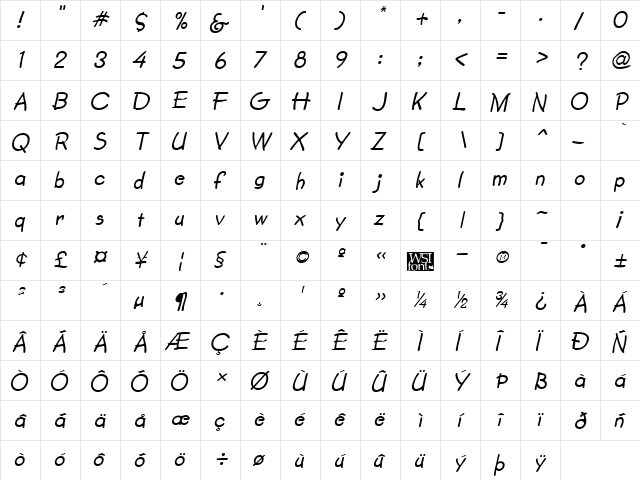 SecondGrader Italic  glyph index