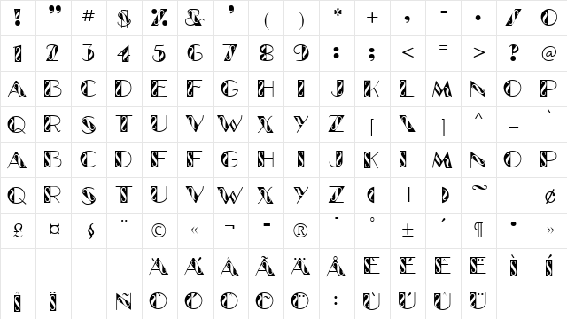 GlitzyCurl Regular  glyph index