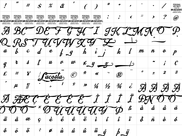 Lacosta PERSONAL USE ONLY Regular  glyph index