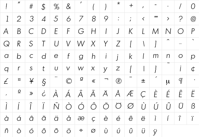 Montreal-LightIta Regular  glyph index