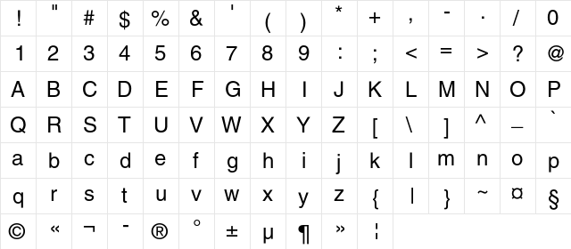HelgaC Regular  glyph index