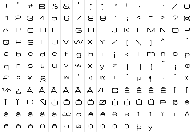 Continental Ext-Roman Regular  glyph index