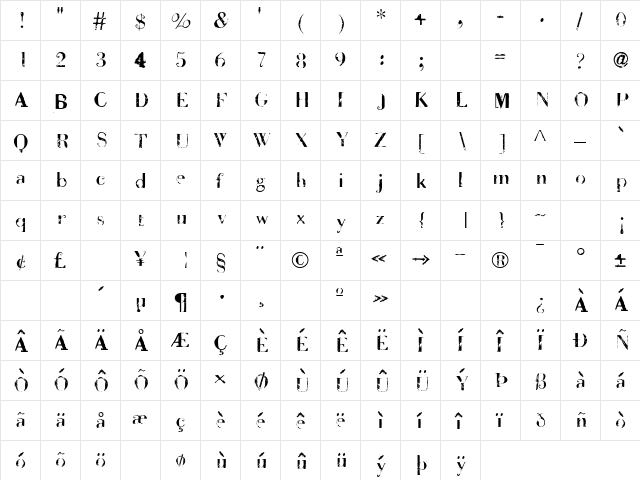 BadDeni Regular  glyph index