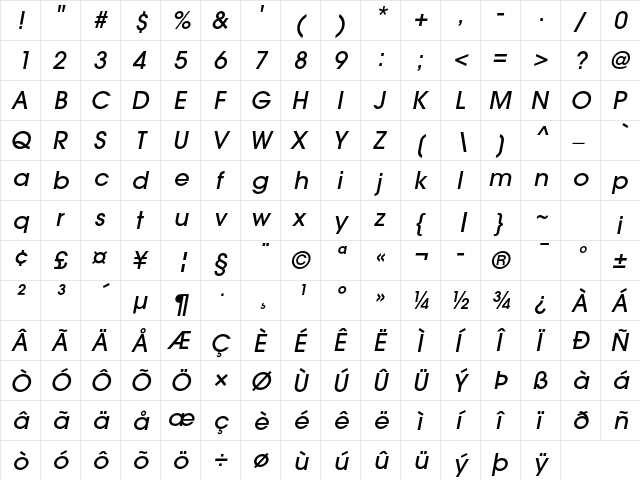 ITC Avant Garde Gothic Std Medium Oblique  glyph index