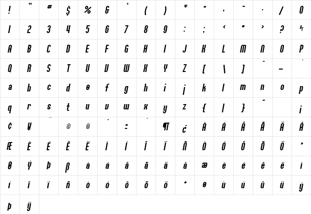 SF Willamette Italic  glyph index