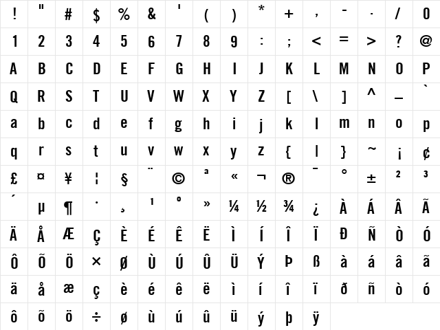 TradeGothic Bold  glyph index