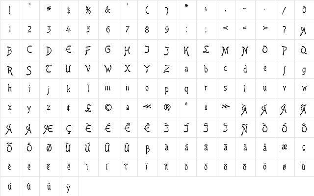 Boomerang Regular  glyph index