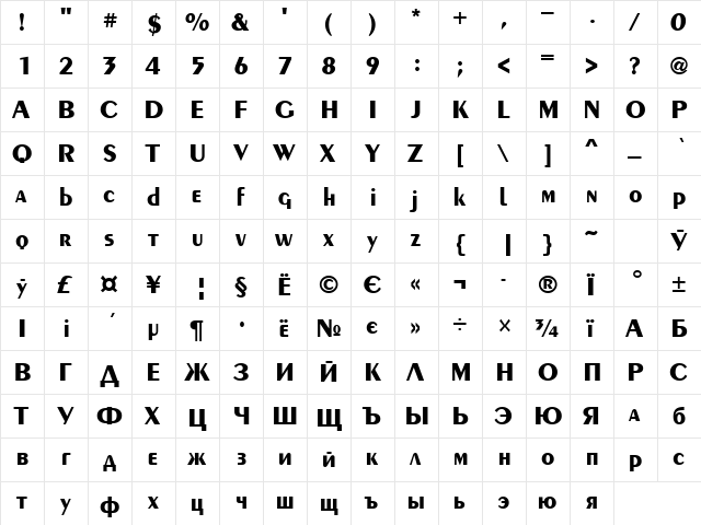 PentaBold Normal  glyph index