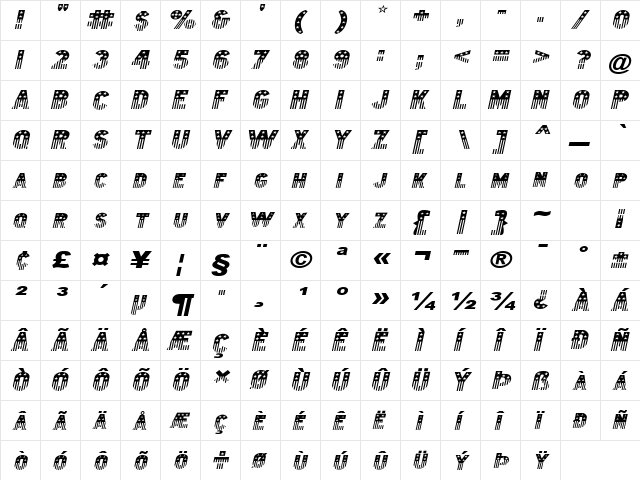 Bunting 2Extended Italic  glyph index