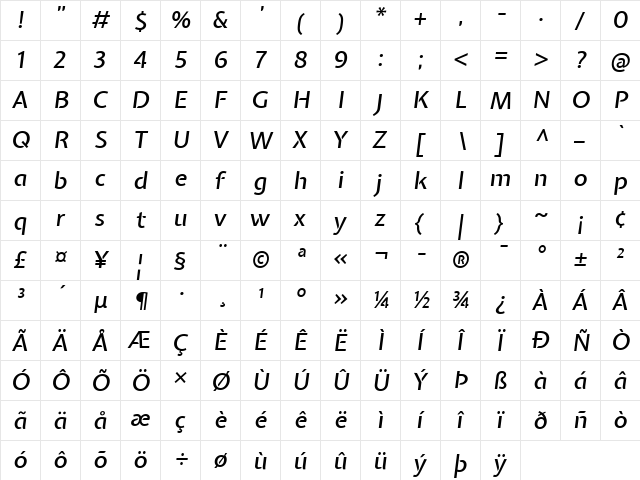 Expletus Sans Medium Italic  glyph index