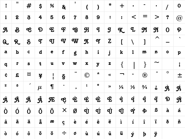 Tango Regular  glyph index