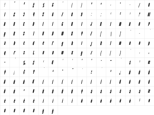 SF Baroquesque Oblique  glyph index