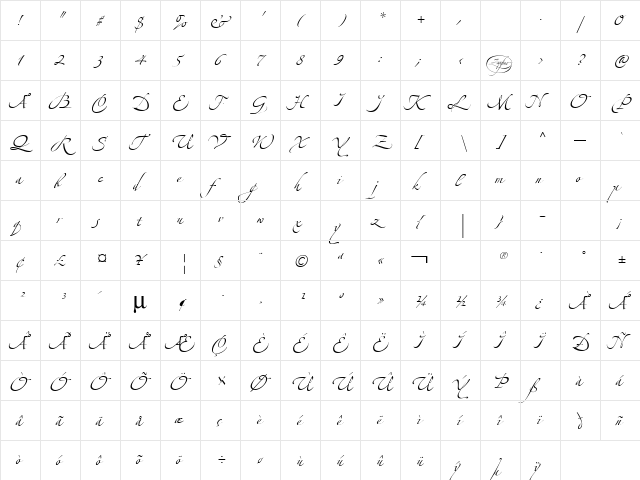Zapfino Linotype Three Regular  glyph index