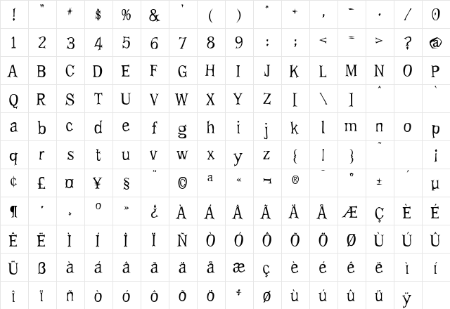 Dementia Regular  glyph index