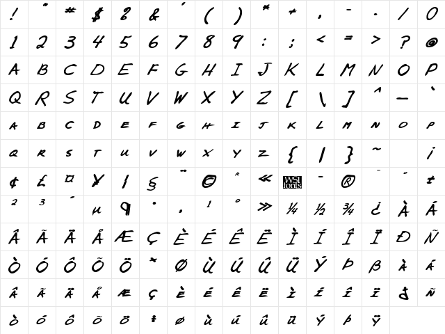 AlexsHand Bold Italic  glyph index