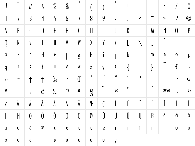 Mirage Regular  glyph index