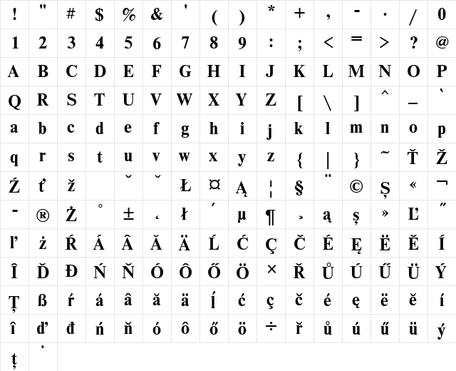 NewtonETT Bold  glyph index