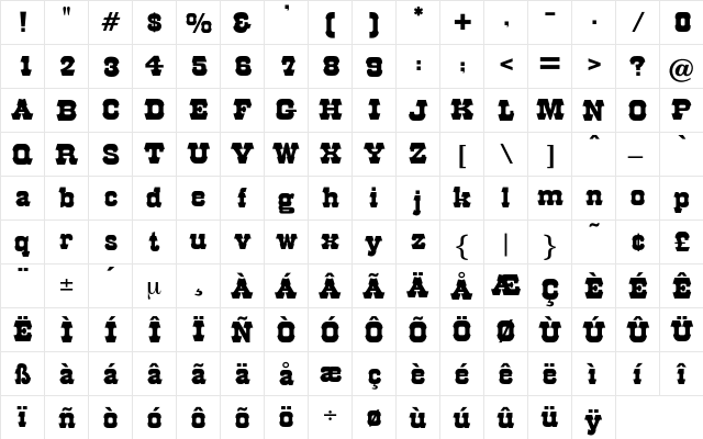 Mustang Regular  glyph index