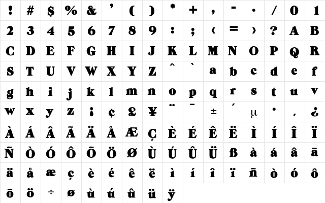 Lewistown Regular  glyph index