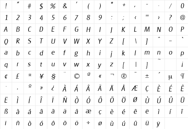 Glasgow-Serial-Light RegularItalic  glyph index
