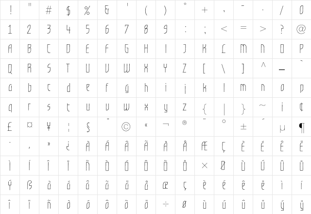 GrafiloneLLLight Regular  glyph index