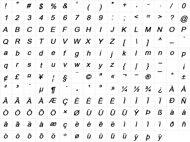 Amaro Arial BoldItalic  glyph index