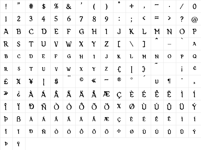 Vecna Bold  glyph index
