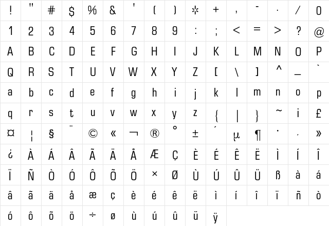 Eurostile BQ Regular  glyph index