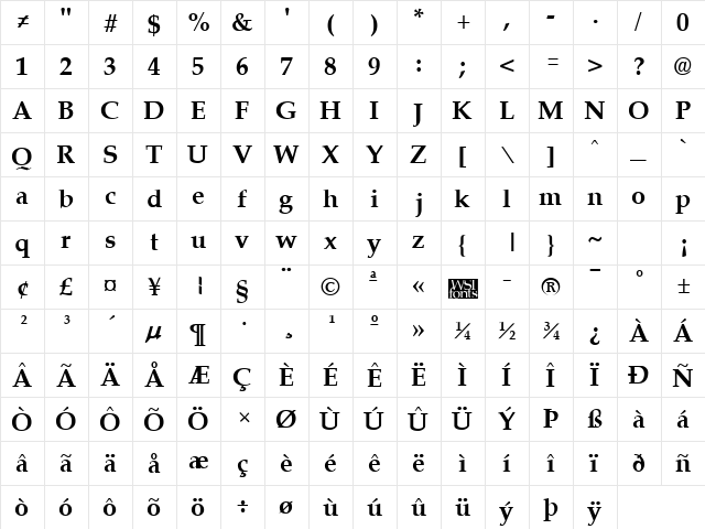 Palisade Bold  glyph index