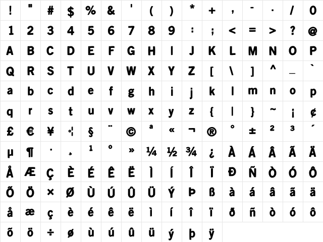 KleinsanBold Regular  glyph index