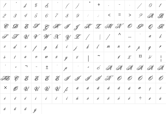 Aristocrat Std Regular  glyph index