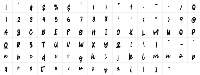 Burgundy Script  glyph index