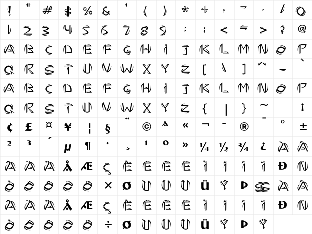 Bremen Bold  glyph index