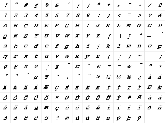 FZ WARPED 39 ITALIC Normal  glyph index