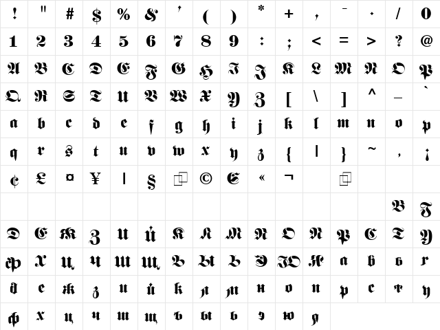 Frankenstein Ukrainian Regular  glyph index