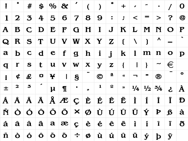 BangleWide Bold  glyph index