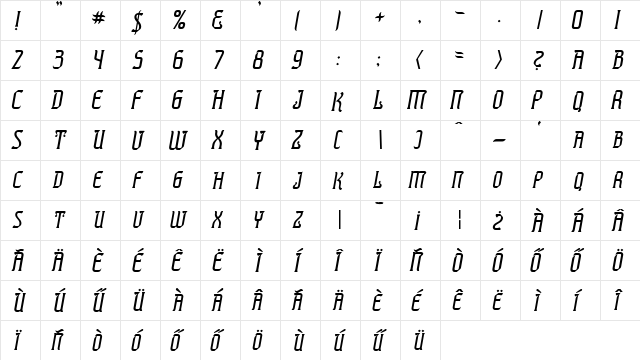 Presidente Tequila Italic  glyph index