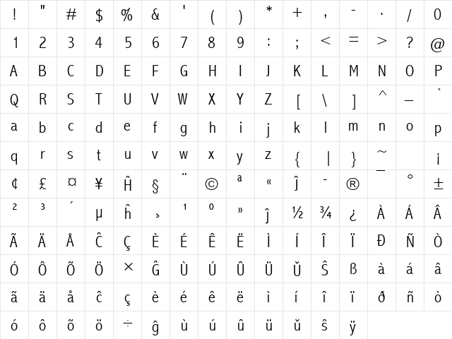 Abadi MT Condensed Light Eo Regular  glyph index