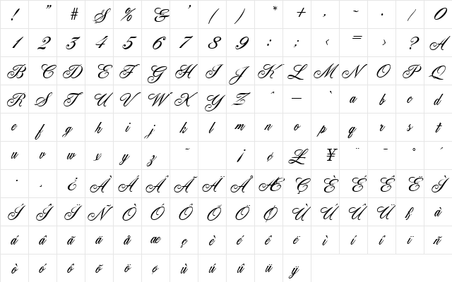 Ancestory SF Regular  glyph index