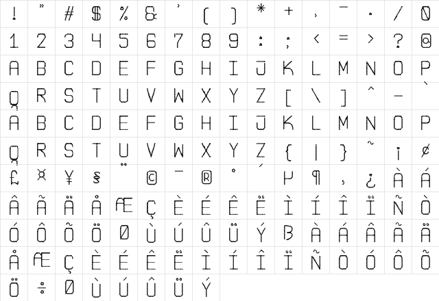 Pointed Laid St Regular  glyph index